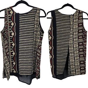 Vintage 80s Sleeveless Tunic Blouse L Black Artsy Lagenlook Aztec Tribal Italy